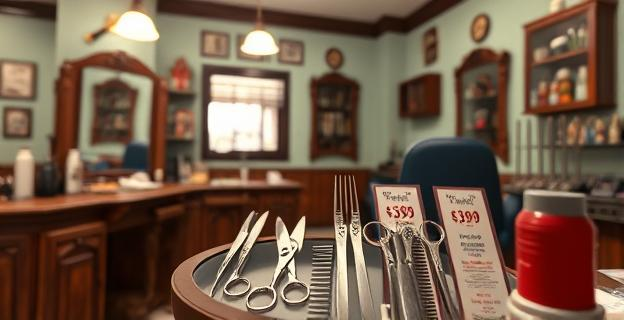 Una peluquería con tijeras y peines en una vitrina con precios visibles en el mostrador, con un ambiente modesto y sin personas presentes