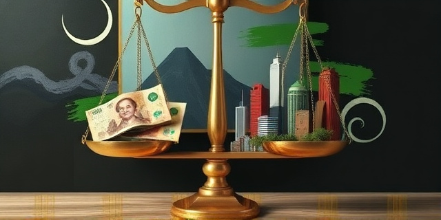 Una representación abstracta de una balanza desequilibrada, con billetes de diferentes divisas en un lado y un paisaje urbano chino estilizado en el otro. El fondo debe ser oscuro y dramático, con pinceladas de verde que sugieren energía renovable. Estilo pictórico, óleo sobre lienzo, con texturas gruesas y expresivas.