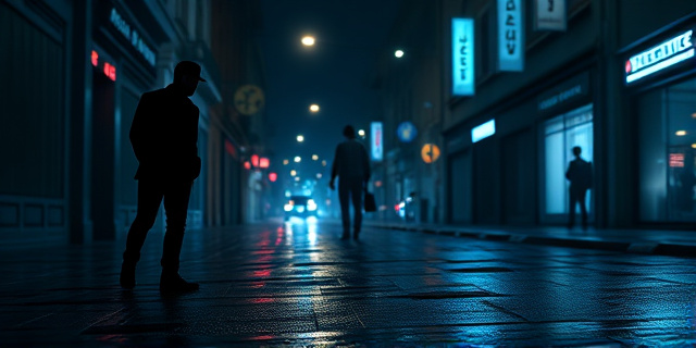Una escena urbana de Barcelona en la noche, calles iluminadas por farolas y luces de un coche patrulla policial, sombras de figuras a la distancia, un cartel con un símbolo religioso estilizado en el fondo, sin rostros ni textos.