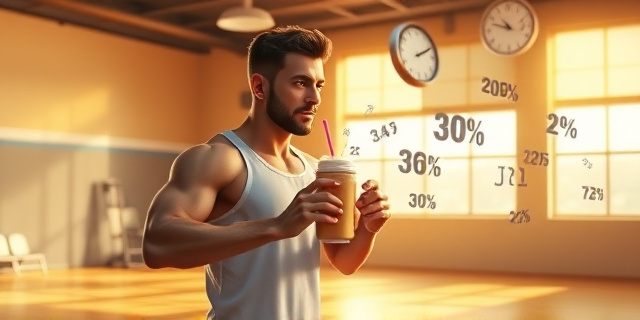 Un gimnasio iluminado con luces cálidas, una figura atlética sosteniendo un batido de proteínas que se disuelve en una nube de cifras estadísticas. Al fondo, relojes y gráficos flotan, simbolizando la desmitificación del tiempo.