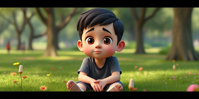 Un niño sentado en un parque, rodeado de naturaleza, con una expresión de aburrimiento y al mismo tiempo de curiosidad