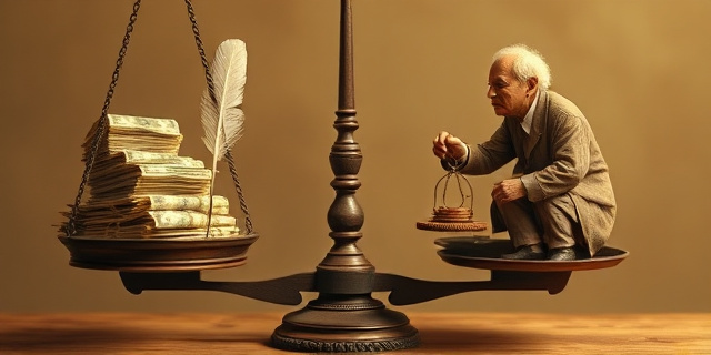 Una balanza antigua, con una montaña de facturas y una pluma de ave en un lado, y un anciano encorvado intentando equilibrarla con una moneda de poco valor en el otro. Estilo pictórico, colores ocre y sepia, atmósfera melancólica.