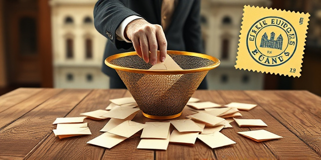 Una ilustración conceptual y satírica. Una mesa de madera antigua donde una mano invisible con un traje caro utiliza un colador de oro para filtrar pequeños sobres de papel; la mayoría de los sobres caen al suelo, y solo unos pocos quedan en la parte superior. Al fondo, la arquitectura de un edificio gubernamental difuminada y un sello oficial de la Unión Europea en un papel amarillento.
