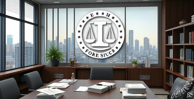 Un despacho de abogados con un gran logo en la pared, rodeado de documentos y papeles, con una ciudad al fondo.