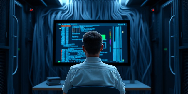 Una imagen de una persona sentada frente a una pantalla de computadora con un fondo de cables y servidores, simbolizando la ciberseguridad