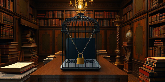 Una imagen conceptual y satírica que muestre un aula de derecho antigua y lujosa donde un laptop moderno está encerrado en una jaula de metal o bajo un candado antiguo, rodeado de montañas de libros de cuero y pergaminos, estilo pintura al óleo contemporánea con iluminación dramática.