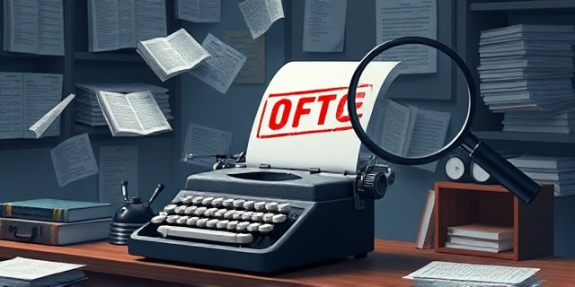 Una ilustración conceptual y satírica. Un escritorio de periodista antiguo con una máquina de escribir, donde un enorme sello rojo de oficina cae sobre una hoja de papel. Alrededor, diccionarios flotando y una lupa gigante que analiza cada palabra. Estilo editorial moderno, colores contrastados, atmósfera de oficina gubernamental fría.