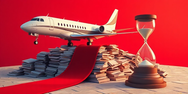 Una ilustración conceptual y satírica. Un avión de lujo aterrizando en una alfombra roja que se extiende sobre un montón de expedientes burocráticos polvorientos y amontonados. Al lado del avión, un reloj de arena que se rompe, simbolizando la velocidad extrema del trámite. Estilo editorial de revista política, colores contrastados, atmósfera de ironía corporativa.