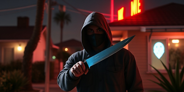 Una imagen de un vecino de los suburbios de Los Ángeles, con el rostro oculto y la mano sosteniendo un cuchillo, rodeado de luces de neón y sombras, sin rostros reconocibles, estilo surrealista.