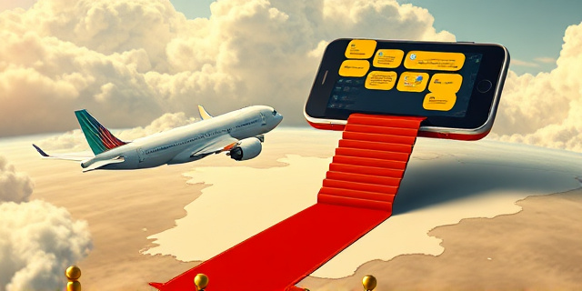 Una ilustración conceptual y satírica. Un avión de pasajeros moderno despegando desde una alfombra roja que se extiende sobre un mapa de España y Venezuela. En el fondo, un teléfono móvil gigante flotando con burbujas de chat doradas que actúan como escalones para el avión. Estilo editorial de revista, colores contrastados, atmósfera de poder e ironía, sin rostros humanos reales.