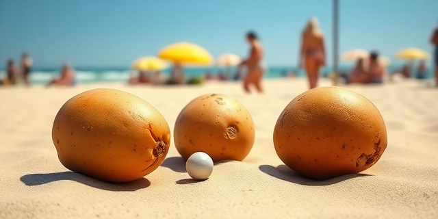 Una mesa de juego improvisada en una playa soleada. Tres patatas en primer plano, con una pequeña bola escondida debajo de una de ellas. El fondo, borroso, muestra turistas disfrutando del sol. Estilo hiperrealista, colores vibrantes, iluminación dramática.