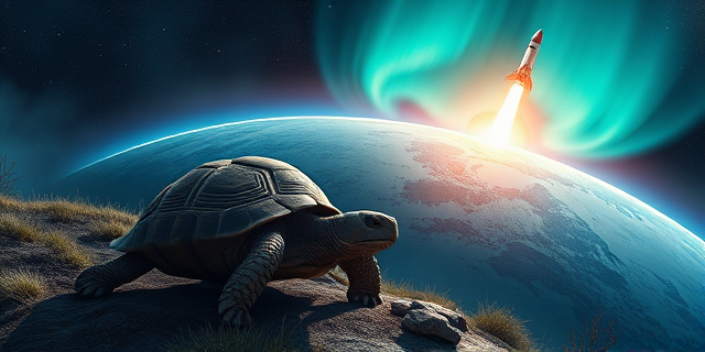 Una ilustración conceptual surrealista que combine la escala microscópica y la macroscópica: en la parte inferior, una tortuga antigua en un entorno natural; en la parte superior, la curvatura de la Tierra con una aurora australis vibrante y la silueta de un cohete explotando en el horizonte, estilo arte digital detallado con contrastes de colores fríos y cálidos.