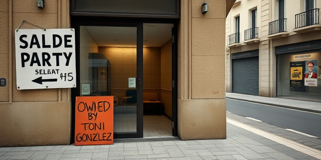 
  Una fachada de edificio urbano en Valencia con un rótulo socialista medio desmontado, letras colgando como un adiós a regañadientes. Al lado, un cartel de 
