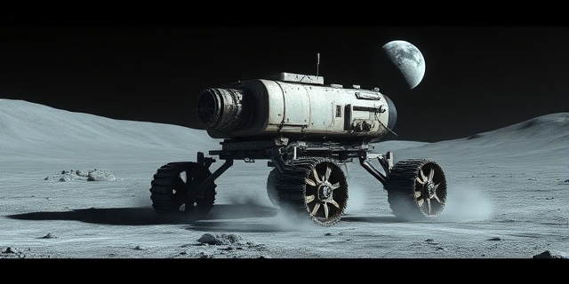 Una ilustración conceptual de un rover robótico robusto y desgastado, con un diseño industrial complejo, aterrizando en el paisaje gris y polvoriento del polo sur de la luna. Al fondo, la Tierra se ve pequeña en el cielo negro. Estilo de arte digital cinematográfico, con iluminación dramática que resalte las texturas metálicas y el polvo lunar volando alrededor de las ruedas.
