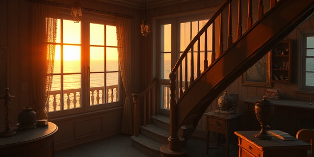 Una habitación de hotel antigua en la costa, con una escalera de madera que se abre al mar. La luz del atardecer crea sombras largas, y un susurro de viento parece llevar voces del pasado. La escena está impregnada de un aire de misterio, con objetos antiguos flotando ligeramente, como si fueran recuerdos que se niegan a caer.