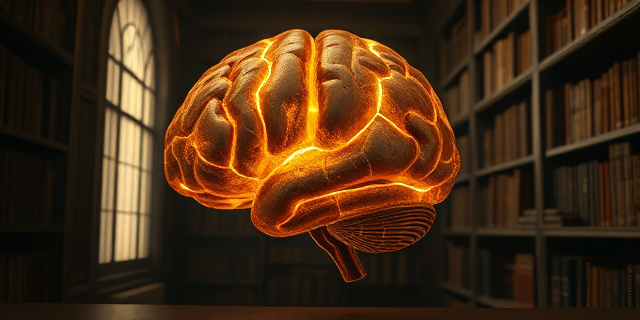 Una biblioteca antigua y polvorienta. Un cerebro humano estilizado hecho de cristal roto, con grietas que se iluminan desde dentro. Tonos sepia y ocres, atmósfera melancólica y reflexiva. Estilo pictórico, reminiscencias de Caravaggio.