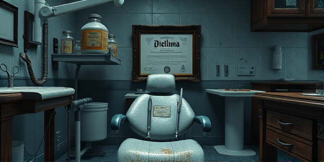 Una imagen conceptual y surrealista de un consultorio dental decadente. Se ve un sillón dental antiguo y desgastado rodeado de herramientas metálicas oxidadas y frascos de medicamentos con etiquetas amarillentas y rotas. En el fondo, un diploma enmarcado que es visiblemente un papel en blanco. Estilo cinematográfico, iluminación fría y dramática, atmósfera de negligencia y engaño.