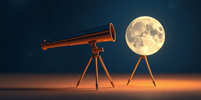 Una ilustración satírica de un telescopio pequeño y brillante apuntando a una luna detallada, pero el telescopio está sostenido por un trípode hecho de palillos de dientes que se doblan, fondo nocturno estrellado, estilo arte conceptual digital con colores vibrantes y contraste irónico.