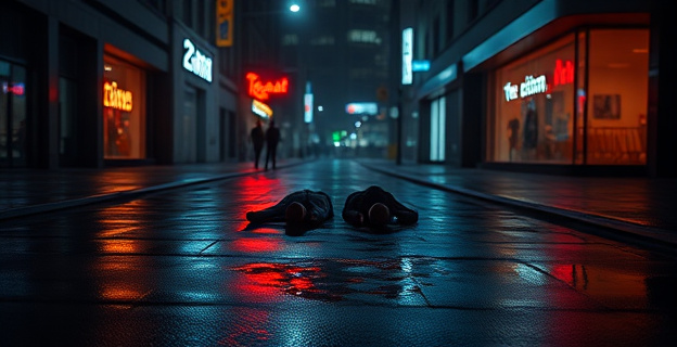 Una escena nocturna en una calle oscura y solitaria de un barrio urbano, con luces de neón reflejándose en el pavimento mojado, y sombras de personas alejándose rápidamente. En el centro, dos figuras tendidas en el suelo con manchas oscuras alrededor.