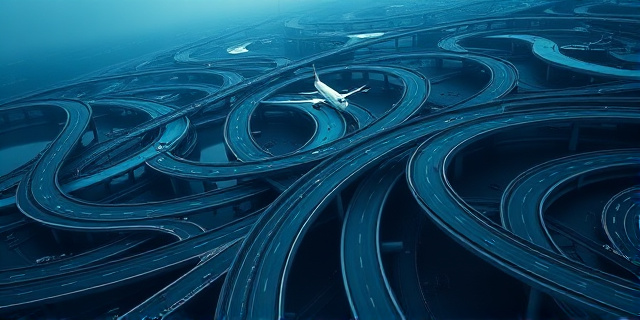 Imagen conceptual de un laberinto de autopistas elevadas y nodos de tráfico, con un único avión de pasajeros volando en un cielo nublado.  La iluminación es dramática, con sombras marcadas y colores fríos.  Estilo fotorrealista, con un enfoque en la complejidad y la sensación de estar perdido.