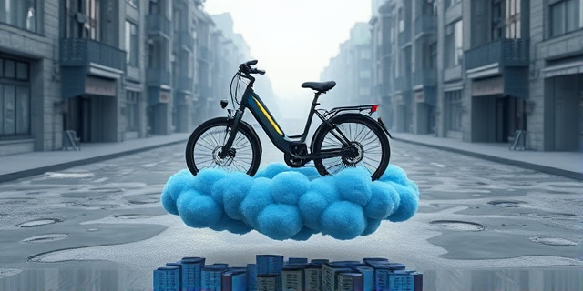 Una ilustración conceptual de una bicicleta eléctrica moderna y robusta flotando sobre una nube de terciopelo azul, simbolizando la comodidad extrema. El fondo es una ciudad caótica y gris con baches, creando un contraste visual entre la suavidad de la bicicleta y la dureza del entorno urbano. Estilo artístico digital limpio, colores vibrantes en la bicicleta y tonos apagados en la ciudad.