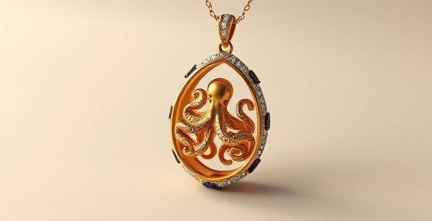 Imagen de un colgante en forma de huevo con un pulpo en miniatura de oro en su interior, rodeado de diamantes y zafiros, sobre fondo neutro