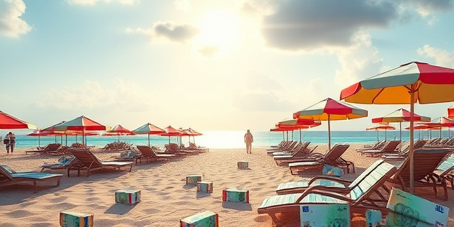 Una playa paradisíaca con sombrillas de colores y tumbonas lujosas, pero en lugar de arena, hay montones de billetes de euro. El sol se refleja en el dinero, creando un ambiente irónico y decadente. El cielo está ligeramente nublado, simbolizando la incertidumbre y la corrupción. Estilo pictórico realista, con colores vibrantes y contrastados. Sin figuras humanas.
