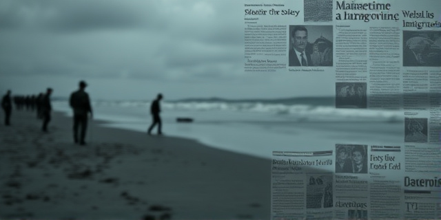 Una playa gris y tormentosa. Sombras de soldados en la distancia, difuminadas como recuerdos. En primer plano, fragmentos de periódicos con titulares sobre inmigración y guerra, superpuestos como un collage. Paleta de colores apagada, con toques de rojo óxido.