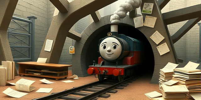 Una maqueta de trenes de juguete desproporcionadamente grande intentando pasar por un túnel infantil. Colores apagados, estilo pictórico impresionista, énfasis en la frustración y el absurdo de la situación. Incluir elementos de burocracia, como montañas de papeles y sellos.