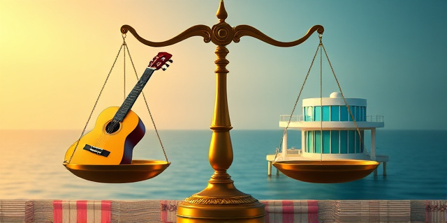 Una balanza de la justicia estilizada, con un lado mostrando una guitarra clásica y el otro una casa lujosa en la playa. Tonos dorados y azules, con un ambiente de calma engañosa. Estilo pictórico impresionista.