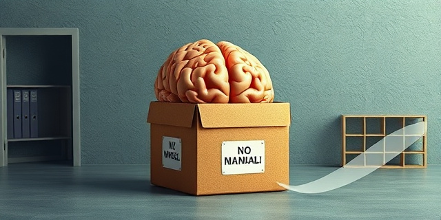 Una ilustración conceptual y satírica que muestra un cerebro humano siendo intentado encajar a la fuerza dentro de una caja de cartón pequeña y cuadrada con etiquetas burocráticas. Estilo surrealista, colores contrastados, fondo de oficina gris y aburrida, atmósfera de ironía administrativa.