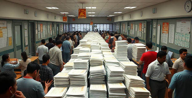 Oficinas de extranjería colapsadas con montañas de papeles y personas desesperadas esperando en largas colas.