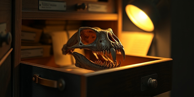 Una imagen conceptual y cinematográfica de un cajón de museo antiguo y polvoriento abierto, donde un cráneo de felino prehistórico con colmillos cortos brilla bajo una luz cenital dramática, rodeado de etiquetas de papel amarillentas y archivos oxidados, estilo hiperrealista, profundidad de campo corta.