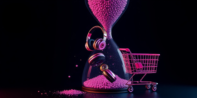 Una ilustración satírica de un reloj de arena gigante donde los granos de arena son auriculares y altavoces de lujo que caen hacia un carrito de compras digital. Estilo arte conceptual moderno, colores vibrantes neón sobre un fondo oscuro, atmósfera de urgencia comercial, sin texto.