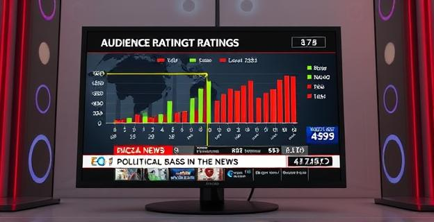 Una pantalla de televisión mostrando gráficos y estadísticas de audiencia con un titular sobre sesgo político en noticias