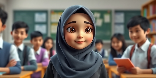 Una joven musulmana con hiyab en un colegio, rodeada de estudiantes y profesores, con un fondo de aulas y libros