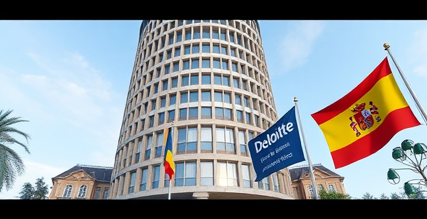 Edificio de Torre Picasso con banderas de Deloitte y España, con un ambiente de seriedad y profesionalismo