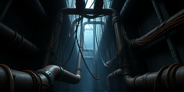 Una tubería laberíntica, hecha de metal oxidado y cables enredados, emergiendo de un laberinto oscuro. La luz se filtra tenuemente, revelando sombras amenazantes y la sensación de algo oculto y corrupto. Estilo: neo-expresionismo, colores oscuros y saturados, texturas rugosas.