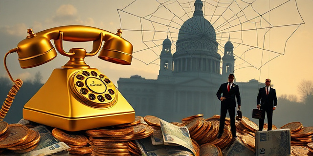 Una ilustración satírica y conceptual. Un teléfono antiguo de disco dorado conectado por cables a una montaña de monedas y billetes de euros. Detrás, una silueta de un edificio gubernamental envuelta en una telaraña de hilos invisibles que mueven marionetas vestidas con trajes ejecutivos. Estilo editorial de revista, colores contrastados, atmósfera de intriga y lujo oscuro.