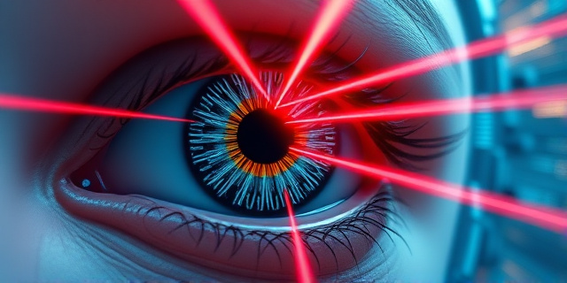 Ilustración surrealista. Un ojo escaneado por un láser, reflejando un laberinto de cables y datos. Colores fríos, tonos neón, ambiente distópico. Estilo cyberpunk, con toques de arte abstracto. No rostros reconocibles.