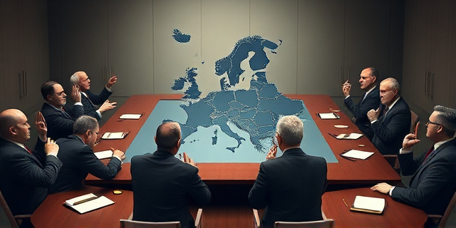 Una ilustración conceptual y satírica de una mesa de reuniones diplomáticas europea. En el centro, un mapa de Europa hecho de cristal que empieza a agrietarse. Alrededor, figuras anónimas con trajes elegantes gesticulando con indignación. El estilo debe ser editorial, similar a las caricaturas de The New Yorker, con colores sobrios y un enfoque en la tensión atmosférica.