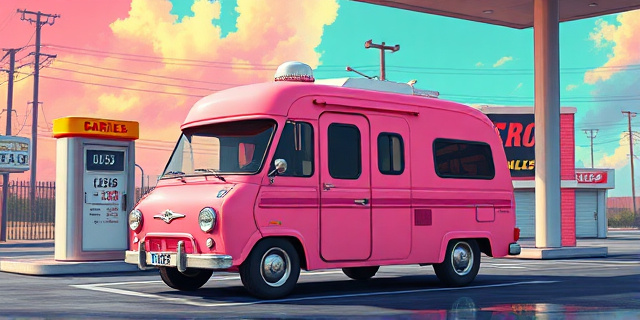 Ilustración digital de estilo pop art. Una pequeña camioneta rosa Barbie, modificada con un motor visible, aparcada en una gasolinera con precios exageradamente altos en el cartel. El fondo debe ser un paisaje urbano distópico con colores vibrantes y contrastes fuertes. Estilo retro-futurista, con elementos de bricolaje y una atmósfera de ingenio desesperado.