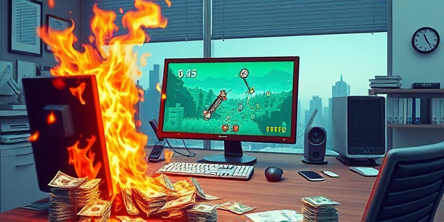 Una ilustración satírica de una oficina moderna donde una computadora de lujo está quemando billetes de dólares reales como si fueran combustible, mientras en la pantalla se ve un videojuego pixelado y ridículo con memes. Estilo editorial de revista financiera, colores contrastados, atmósfera de despilfarro corporativo.