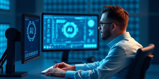 Un hombre sentado frente a una computadora, con una pantalla que muestra una IA en funcionamiento, mientras un jefe invisible lo observa y lo micromanagea