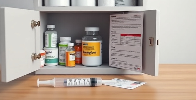 Imagen de un botiquín con medicamentos y una jeringa dosificadora junto a un prospecto de paracetamol, sobre una mesa con un fondo neutro