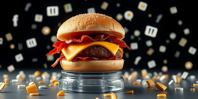 Una hamburguesa gourmet con bacon y queso sobre un pedestal de cristal que se está rompiendo en mil pedazos. Alrededor, miles de iconos de notificaciones de redes sociales y signos de exclamación flotando en un entorno minimalista y oscuro, estilo arte conceptual moderno.