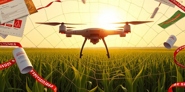Una ilustración satírica de un dron agrícola moderno y brillante atrapado en una red gigante hecha de formularios oficiales, sellos burocráticos y cintas rojas de prohibido, situado sobre un campo de maíz español bajo un sol radiante.