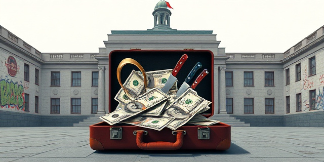 Una ilustración conceptual y satírica. Un maletín de dinero abierto del que salen billetes que se transforman en esposas y cuchillos de cocina. Al fondo, la silueta de un edificio institucional gris y aburrido contrastando con grafitis agresivos y colores estridentes. Estilo editorial de revista política, minimalista y cínico.
