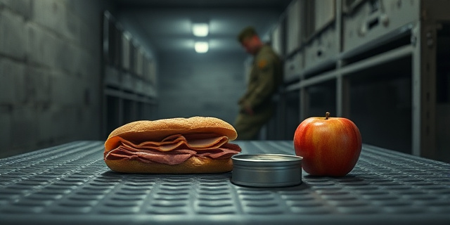 Una imagen conceptual y satírica. En primer plano, sobre una mesa de metal militar fría y gris, un bocadillo de mortadela triste, una lata de atún abierta y una manzana solitaria. Al fondo, desenfocado, el perfil de un soldado exhausto apoyado contra una pared de hormigón en un cuartel oscuro y hacinado. Estilo fotoperiodismo dramático, iluminación fría, atmósfera de precariedad institucional.