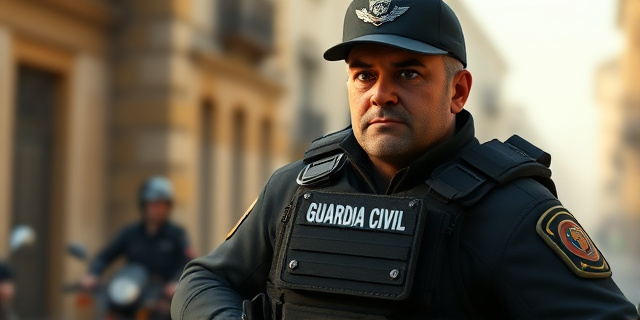 Un agente de la Guardia Civil con un chaleco antibalas demasiado grande, con una expresión de preocupación en su rostro, mientras se encuentra en una situación de riesgo.